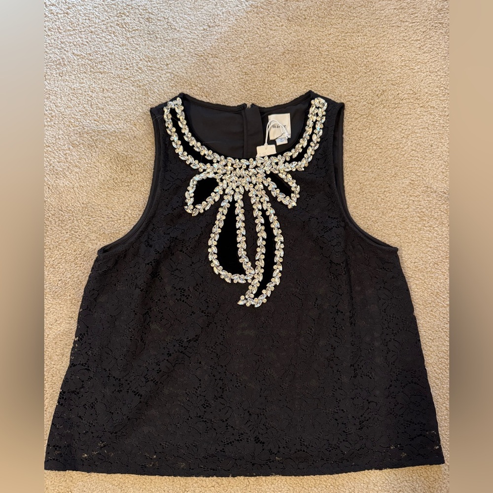 *New With Tags* Maeve Black Lace Top with Jewel Embellishment, size Medium